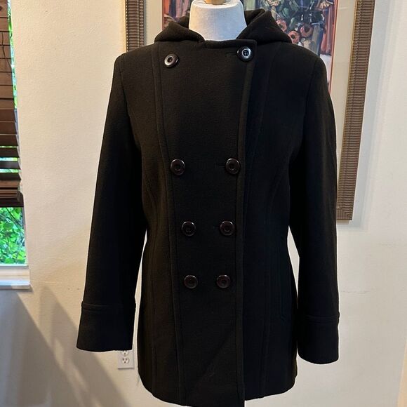 Preston & York Women's Dark Brown Double-Breasted Hooded Wool Coat Size 6 - Picture 7 of 12